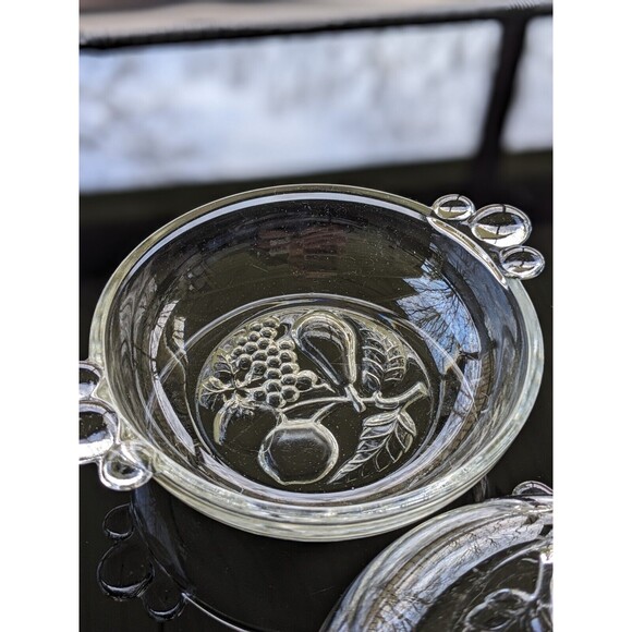 Vintage Clear Pressed Glass Berry/ Dessert Bowl Set Of Two Bottom Bubble Handles - Picture 6 of 13